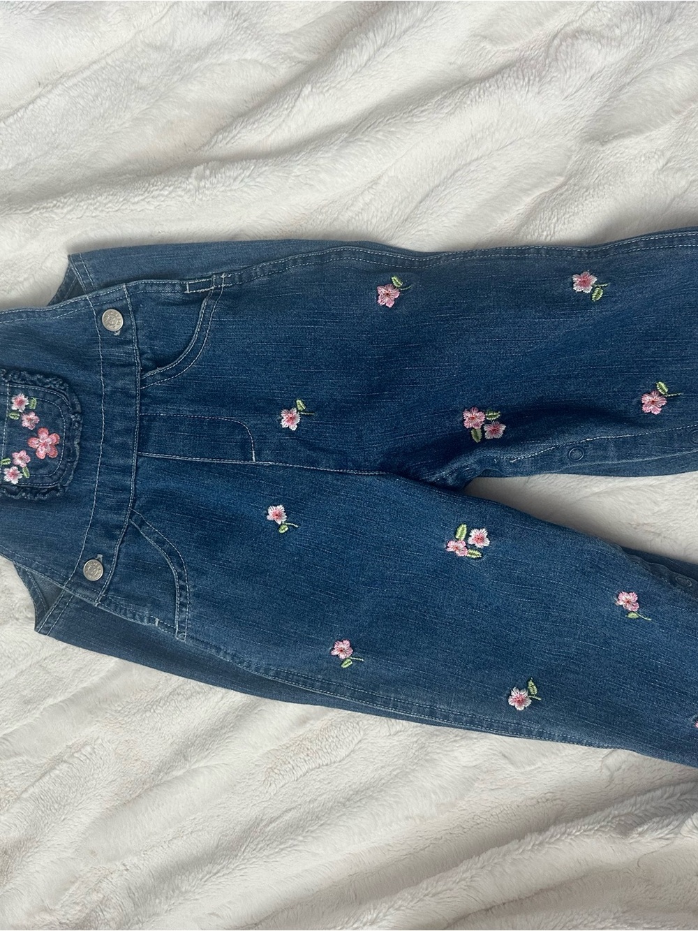 Embroidered Dark Blue Denim Romper for Kids - Floral Detail